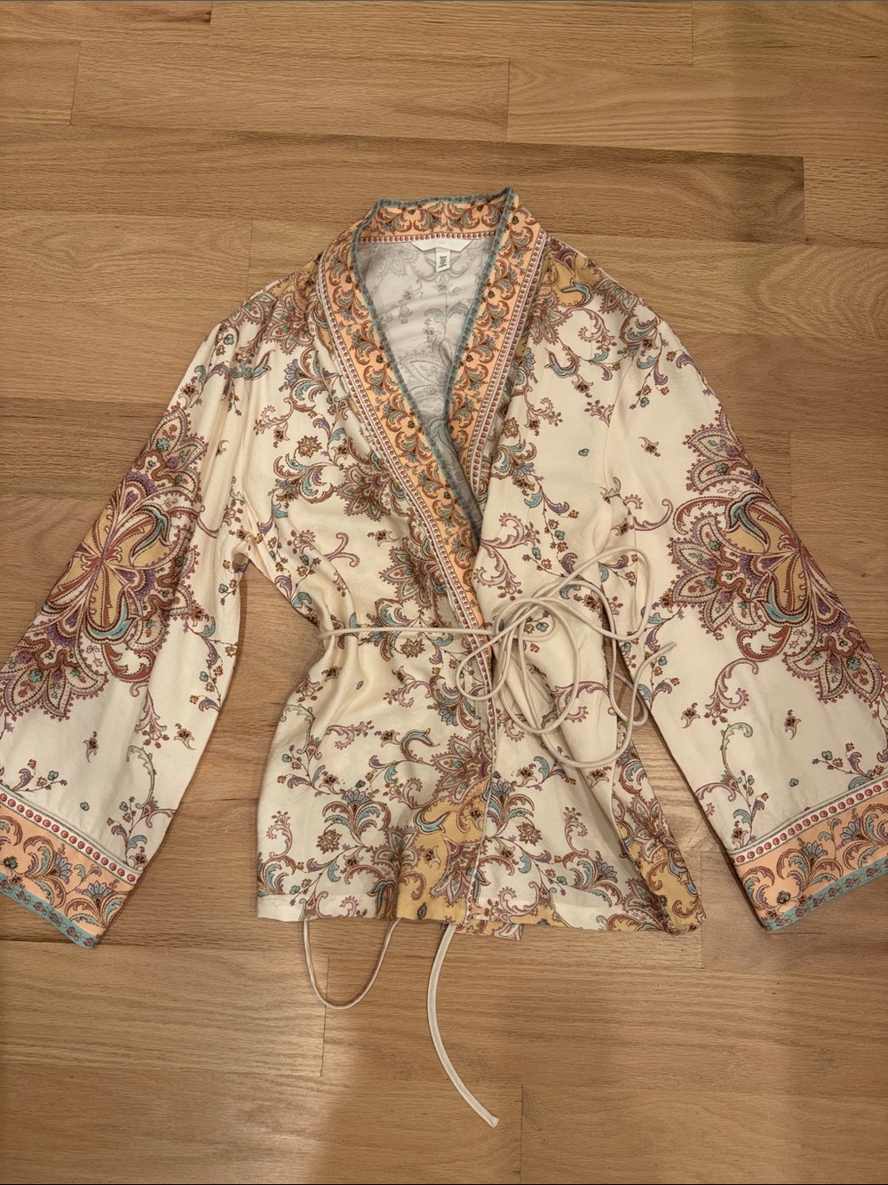 H&M Cream Paisley Wrap Robe with Pink, Gold, Teal Accents